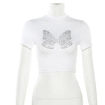 fashionable Rhinestone Butterfly Crop Top