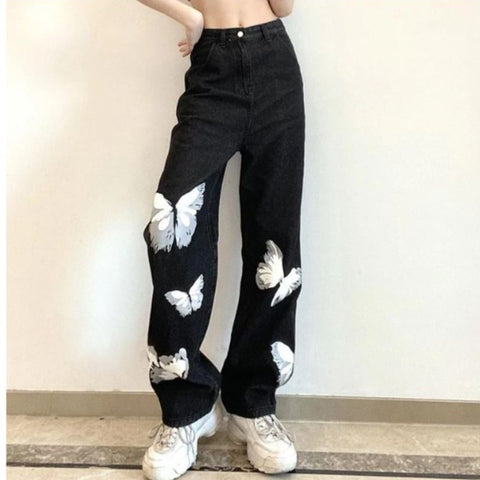 white butterfly jeans